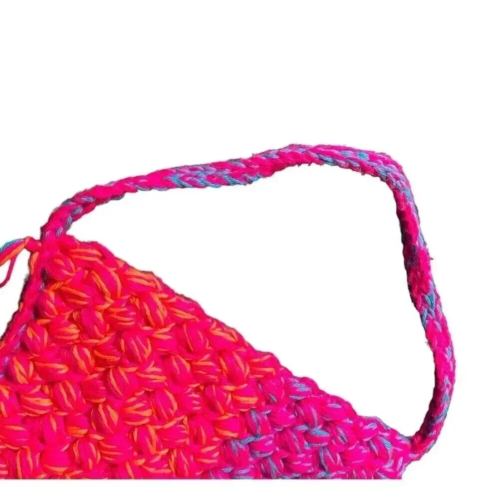 Crochet Shoulder Tote Handbag Pink Orange Blue Medium Bright Tassel Handmade